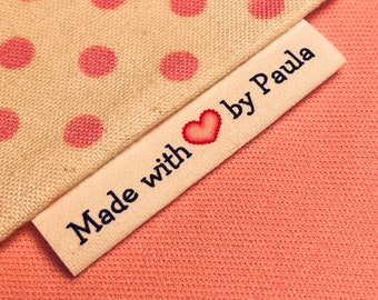 Custom   Precut, fray-less, loop FOLD cotton fabric labels with heart graphic and one or two words for personalization