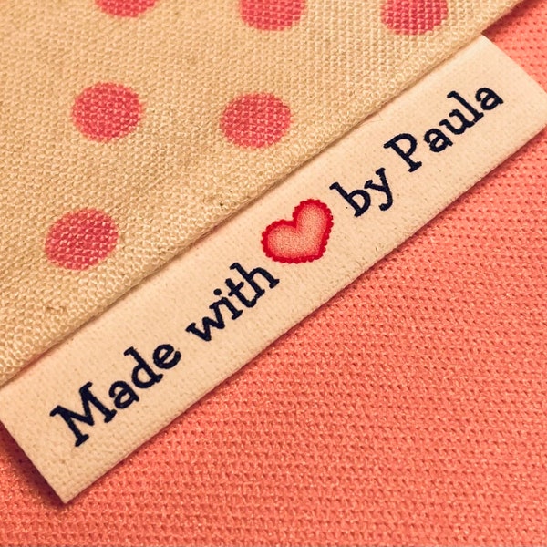 Custom   Precut, fray-less, loop FOLD cotton fabric labels with heart graphic and one or two words for personalization