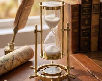 Reloj de arena de latón personalizado con brújula funcional: temporizador de arena rellenable de 5 minutos, regalo para ceremonia de boda, regalo para prometida, vintage.