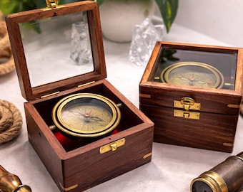 Boussole à cardan personnalisée en laiton avec boîte en bois, cadeau boussole nautique 3 pouces pour lui, cadeau d'anniversaire, décoration maritime, cadeau d'anniversaire