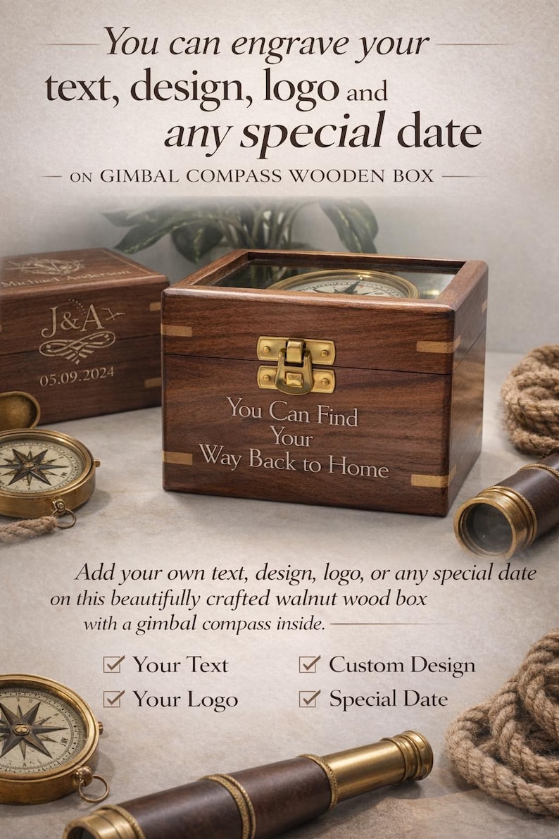 Personalized Brass Gimbal Compass With Wooden Box, 3 Inch Nautical ...