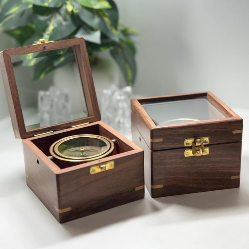 Personalized Brass Gimbal Compass With Wooden Box, 3 Inch Nautical ...