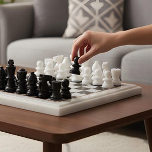 Könnte beinhalten: Ein Schachspiel mit schwarzen und weißen Figuren auf einem Schachbrett. Das Brett steht auf einer weißen Marmorbasis. Eine Hand bewegt einen schwarzen Bauern. Das Set steht auf einem braunen Holztisch.