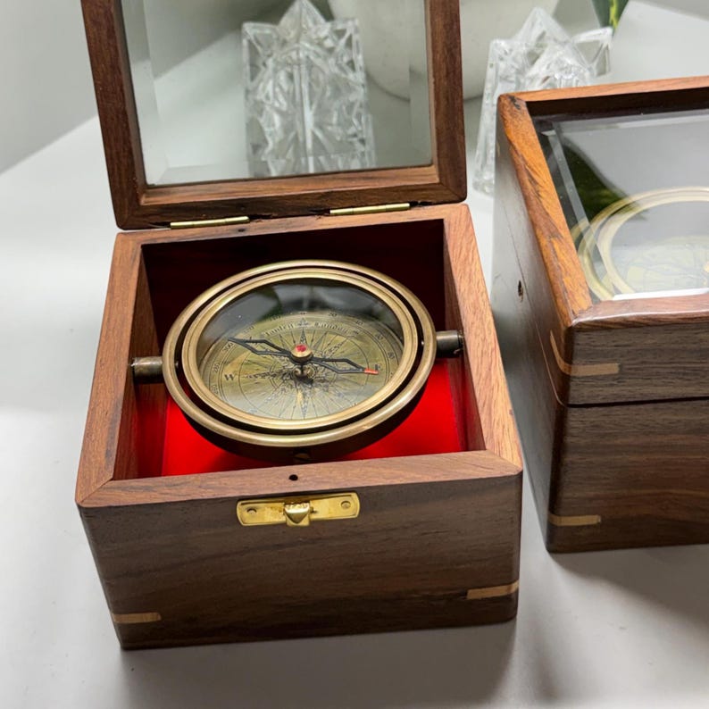 Personalized Brass Gimbal Compass With Wooden Box, 3 Inch Nautical ...