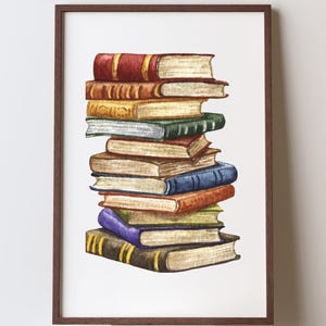 Buchliebhaber Print: Stapel Bücher Bilder, Blaue Wandkunst (Digitaldruck