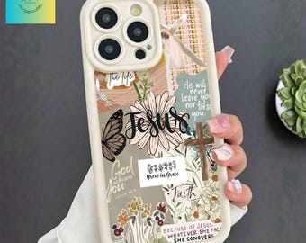 クリスチャンフローラルイエスの携帯ケース、信仰のコラージュiPhoneケース、聖書の一節をあしらった美しいカバー、iPhone 17、16、15、14、13、12、11 Pro Max