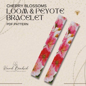 May include: Two beaded loom and peyote bracelet patterns with a cherry blossom design. The bracelets feature a vibrant mix of red, pink, white, and yellow beads. The text "CHERRY BLOSSOMS LOOM & PEYOTE BRACELET PDF PATTERN" is displayed at the top.