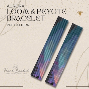 May include: Two beaded loom and peyote bracelets with an aurora borealis design in shades of blue, purple, and pink. The bracelets are displayed on a cream-colored background. Text on the image reads "Aurora Loom & Peyote Bracelet PDF Pattern."