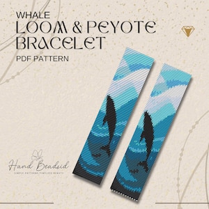 May include: Two beaded bracelets with a whale design. The bracelets feature a black whale silhouette against a backdrop of blue and white waves. The text "WHALE LOOM & PEYOTE BRACELET PDF PATTERN" is at the top.