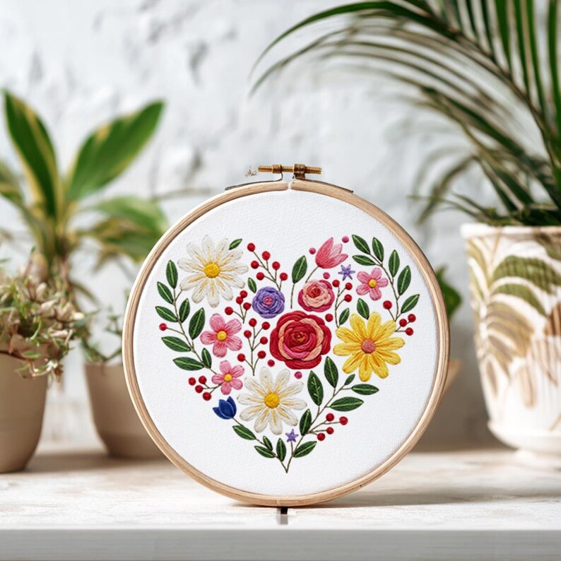 Floral Heart Hand Embroidery Pattern, Template for Beginner Step-by ...