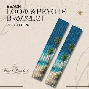 Könnte beinhalten: Zwei gewebte Loom- und Peyote-Armbandmuster mit Strandmotiv. Die Armbänder zeigen einen blauen Himmel, Palmen und einen Sandstrand. Der Text "BEACH LOOM & PEYOTE BRACELET PDF PATTERN" steht oben. Das Logo "Hand Beaded" befindet sich unten.