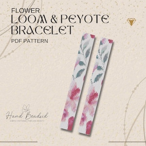 May include: Two beaded bracelets with a floral design in shades of pink, green, and white. The bracelets are displayed on a beige background with the text "FLOWER LOOM & PEYOTE BRACELET PDF PATTERN". The brand name "Hand Beadsid" is also visible.