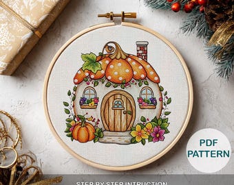 Pumpkin House Hand Embroidery Pattern, Template for Beginner Step-by-Step Instructions, Easy Pattern, PDF Stitch Guide