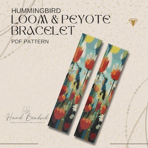 May include: Two beaded loom bracelets with a floral design in red, orange, yellow, and blue. The bracelets are rectangular and feature the text "HUMMINGBIRD LOOM & PEYOTE BRACELET PDF PATTERN". The bracelets are on a beige background.