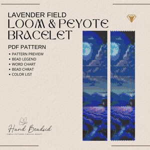May include: A digital PDF pattern for a loom and peyote bracelet, featuring a lavender field design. The image includes a preview of the bracelet design in shades of blue and purple, along with pattern details. Text includes "LAVENDER FIELD LOOM & PEYOTE BRACELET".