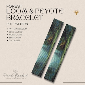 Könnte beinhalten: Zwei gewebte Perlenarmbänder mit einem waldinspirierten Design in Grün-, Blau- und Brauntönen. Die rechteckigen Armbänder weisen ein detailliertes Muster auf. Das Bild enthält auch den Text "FOREST LOOM & PEYOTE BRACELET PDF PATTERN".