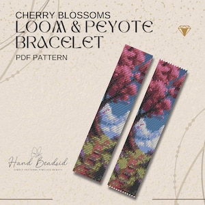 Op de afbeelding: Twee geweven armbanden met een kersenbloesem ontwerp. De armbanden hebben roze, blauwe en groene kleuren. De tekst op de afbeelding luidt "CHERRY BLOSSOMS LOOM & PEYOTE BRACELET PDF PATTERN."