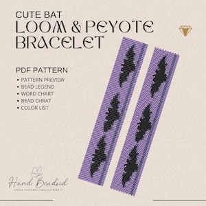 May include: Two beaded loom bracelets with a bat design. The bracelets are purple with black bat silhouettes. The text "CUTE BAT LOOM & PEYOTE BRACELET" is at the top, with "PDF PATTERN" and a list of pattern details below.