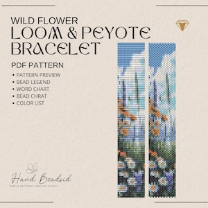 Könnte beinhalten: Ein digitales PDF-Muster für ein Wild Flower Loom & Peyote Armband. Das Design zeigt ein farbenfrohes Blumenmuster mit blauem Himmel, orangefarbenen Blumen und weißen Gänseblümchen. Das Muster enthält eine Vorschau, eine Perlenlegende, eine Worttabelle, eine Perlentabelle und eine Farbliste.