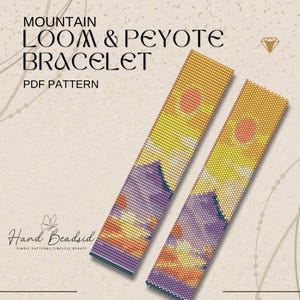 May include: Two beaded loom and peyote bracelet patterns with a mountain and sunset design. The bracelets feature a gradient of colors, including purple, orange, and yellow. The text on the image reads "MOUNTAIN LOOM & PEYOTE BRACELET PDF PATTERN" and "Hand Beasid, Simple Patterns, Timeless Beauty."