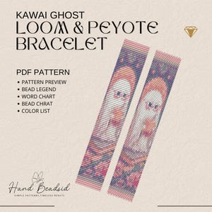 Könnte beinhalten: Ein PDF-Muster für ein Kawaii Ghost Loom & Peyote Armband. Das Bild zeigt zwei Perlenarmbänder mit einem Geisterdesign in Weiß, Rosa und Lila. Der Text enthält "Pattern Preview", "Bead Legend" und "Color List".