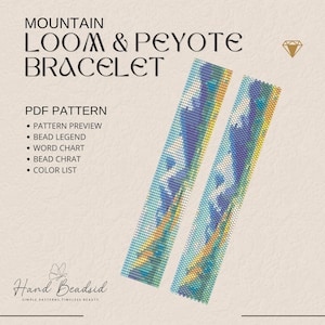 May include: A digital PDF pattern for a Mountain Loom & Peyote Bracelet. The design features two rectangular beaded bracelet patterns with a mountain-like design in shades of blue, yellow, and green. The pattern includes a preview, bead legend, word chart, bead chart, and color list.