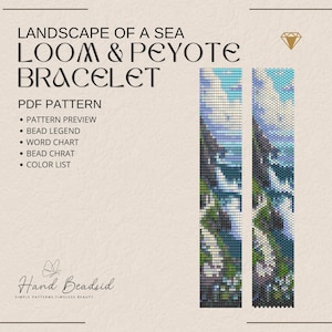 May include: A digital PDF pattern for a loom and peyote bracelet, featuring a landscape of a sea design. The pattern includes a preview, bead legend, word chart, bead chart, and colour list. The design showcases a pixelated image of a coastal scene with blue, green, and white hues.