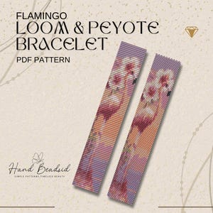 May include: Two beaded loom bracelets with a flamingo design. The bracelets are primarily pink, orange, and purple. The text "FLAMINGO LOOM & PEYOTE BRACELET PDF PATTERN" is at the top of the image, with the brand name "Hand Beadsid" at the bottom.