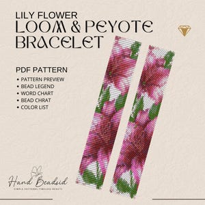 Peut inclure: Un patron PDF numérique pour un bracelet Lily Flower Loom & Peyote. Le motif présente un motif floral dans les tons de rose, blanc et vert. Le patron comprend un aperçu du motif, une légende des perles, un tableau de mots, un tableau de perles et une liste de couleurs.