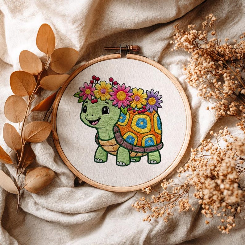 Embroidered Turtle Simple Cute Turtle Embroidery Pattern, Template for Beginner Step-by-step ...