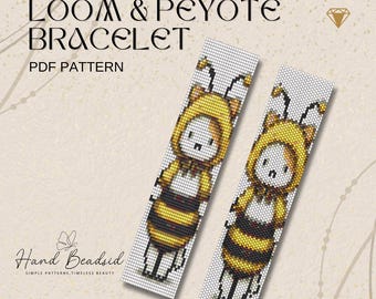 Cute Cat in A Bee Costum Beads Loom & Peyote Bracelet Pattern, Bead Pattern, Pattern Bracelet, Loom pattern, PDF Pattern
