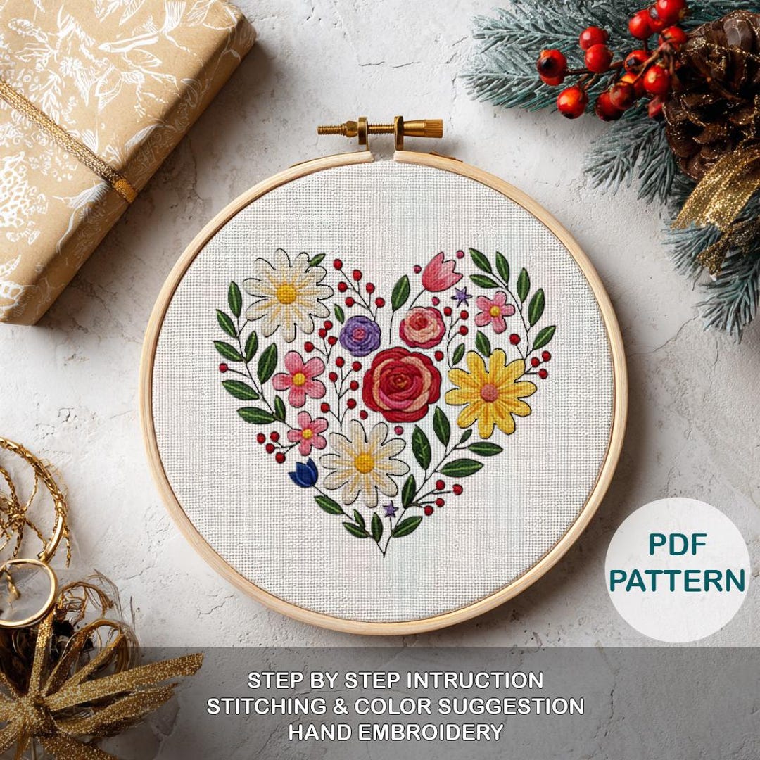 Floral Heart Hand Embroidery Pattern, Template for Beginner Step-by ...