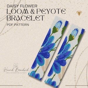 May include: Two beaded loom bracelets with a daisy flower design in shades of blue, green, and white. The bracelets are displayed diagonally against a beige background. Text at the top reads "DAISY FLOWER LOOM & PEYOTE BRACELET PDF PATTERN."