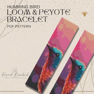 Puede incluir: Dos patrones de pulseras tejidas en telar y peyote con un diseño de colibrí. Las pulseras muestran un degradado de colores, incluyendo rosa, naranja, morado y azul. El texto "HUMMING BIRD LOOM & PEYOTE BRACELET PDF PATTERN" es visible.