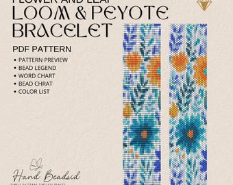 Blom- och lövpärlor Loom & Peyote armbandsmönster, pärlmönster, mönsterarmband, vävstolsmönster, PDF-mönster