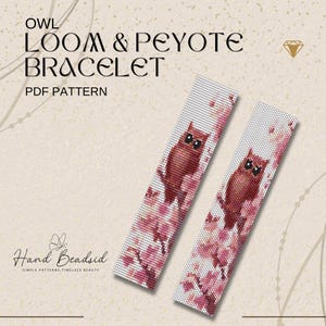 May include: Two beaded loom and peyote bracelet patterns featuring a red owl design with pink floral accents. The text "OWL LOOM & PEYOTE BRACELET PDF PATTERN" is displayed at the top. The brand name "Hand Beaded" is at the bottom.
