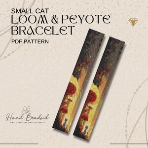 Peut inclure: Deux bracelets perlés avec un motif coloré représentant un chat et des parapluies. Les bracelets sont noirs, rouges, jaunes et verts. Le texte sur l'image indique "SMALL CAT LOOM & PEYOTE BRACELET PDF PATTERN" et "Hand Beadsid".