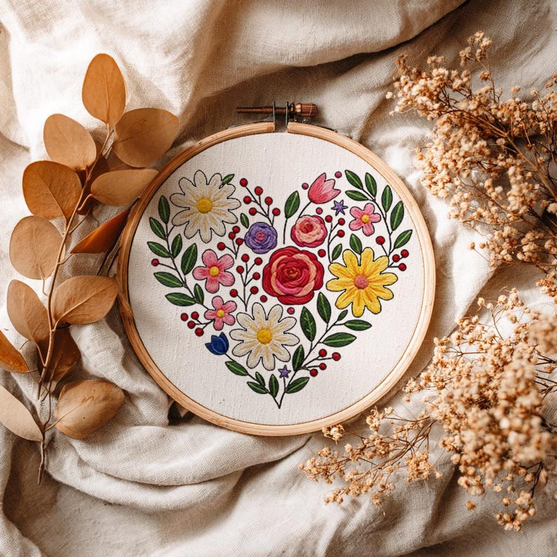 Floral Heart Hand Embroidery Pattern, Template for Beginner Step-by ...