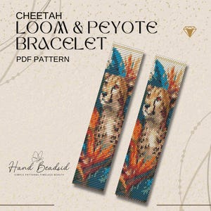 Könnte beinhalten: Zwei gewebte Loom- und Peyote-Armbänder mit einem Geparden-Design. Die Armbänder zeigen ein Geparden-Gesicht mit blauen und orangefarbenen Akzenten. Der Text "CHEETAH LOOM & PEYOTE BRACELET PDF PATTERN" steht oben. Die Marke "Hand Beaded" steht unten.