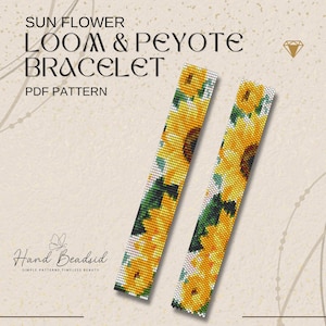 May include: Two beaded loom bracelets with a sunflower design. The bracelets are yellow, green, and white. The text on the image reads "SUN FLOWER LOOM & PEYOTE BRACELET PDF PATTERN" and "Hand Beadsid, SIMPLE PATTERNS, TIMELESS BEAUTY."