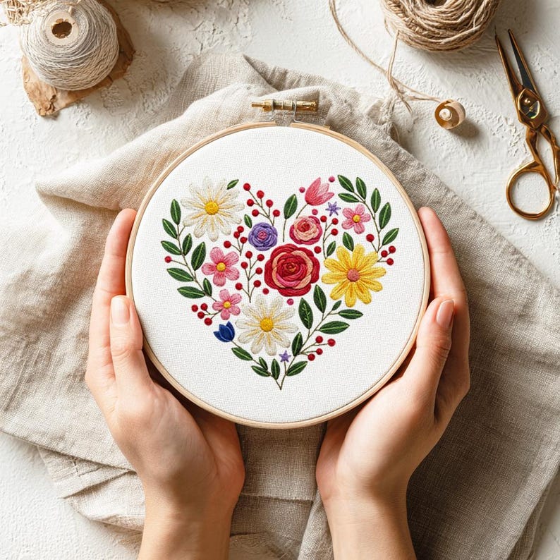 Floral Heart Hand Embroidery Pattern, Template for Beginner Step-by ...