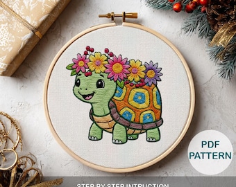 Cute Turtle Embroidery Pattern, Template for Beginner Step-by-Step Instructions, Easy Pattern, PDF Stitch Guide