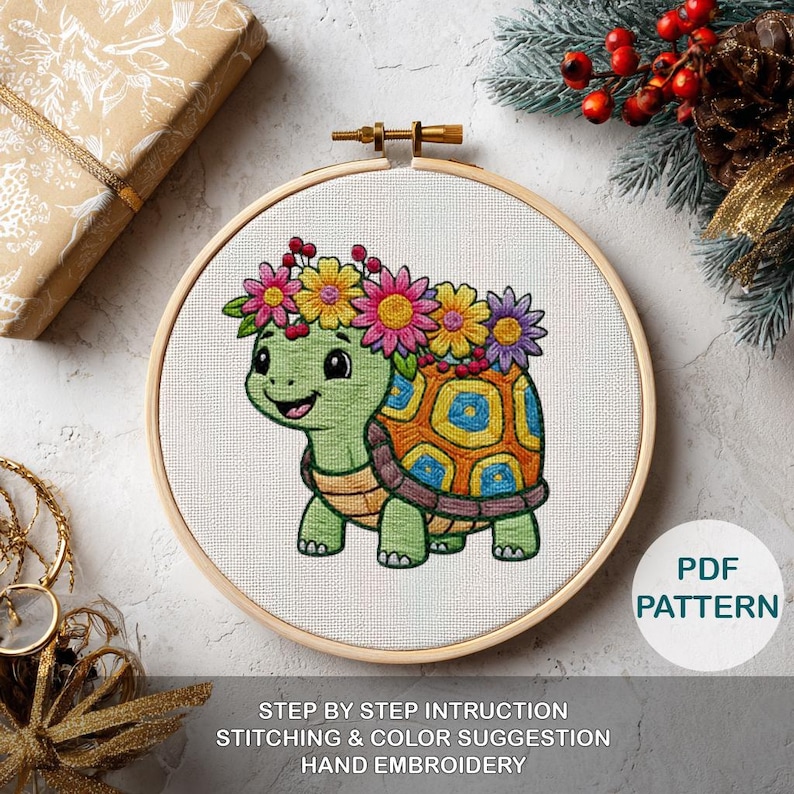 Embroidered Turtle Simple Cute Turtle Embroidery Pattern, Template for Beginner Step-by-step ...