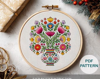 Lebendige Blumen Stickmuster, Vorlage für Anfänger, Schritt-für-Schritt-Anleitung, einfaches Muster, PDF-Stickanleitung