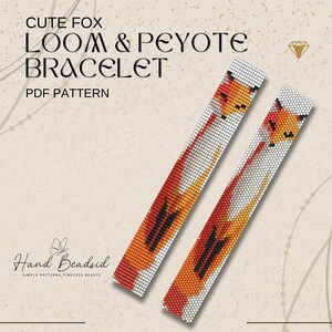 Puede incluir: Dos pulseras tejidas en telar y peyote con un diseño de zorro. Las pulseras presentan cuentas naranjas, rojas, negras y blancas. El texto "CUTE FOX LOOM & PEYOTE BRACELET PDF PATTERN" está en la parte superior. El logotipo "Hand Beadsid" está en la parte inferior.