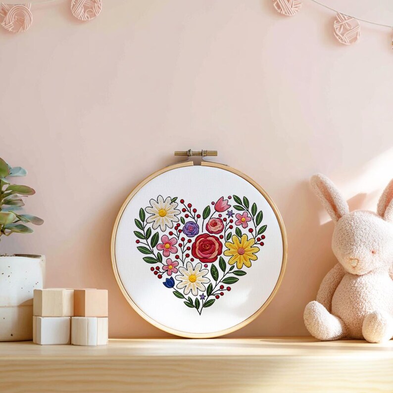 Floral Heart Hand Embroidery Pattern, Template for Beginner Step-by ...