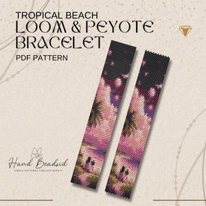 Könnte beinhalten: Zwei gewebte Loom- und Peyote-Armbänder mit tropischem Stranddesign. Die Armbänder zeigen einen Farbverlauf aus Rosa, Lila und Schwarz mit Palmensilhouetten. Der Text "TROPICAL BEACH LOOM & PEYOTE BRACELET PDF PATTERN" wird angezeigt.