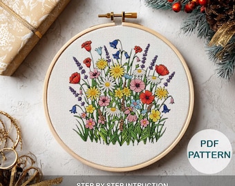 Wildblumen Stickmuster, Vorlage für Anfänger, Schritt-für-Schritt-Anleitung, einfaches Muster, PDF-Stickanleitung
