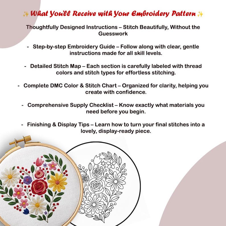 Floral Heart Hand Embroidery Pattern, Template for Beginner Step-by ...