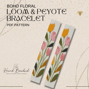 May include: Two beaded loom bracelets with floral designs. The bracelets feature a white background with yellow, pink, and green flower patterns. The text "BOHO FLORAL LOOM & PEYOTE BRACELET PDF PATTERN" is displayed at the top, with "Hand Beadsid" at the bottom.